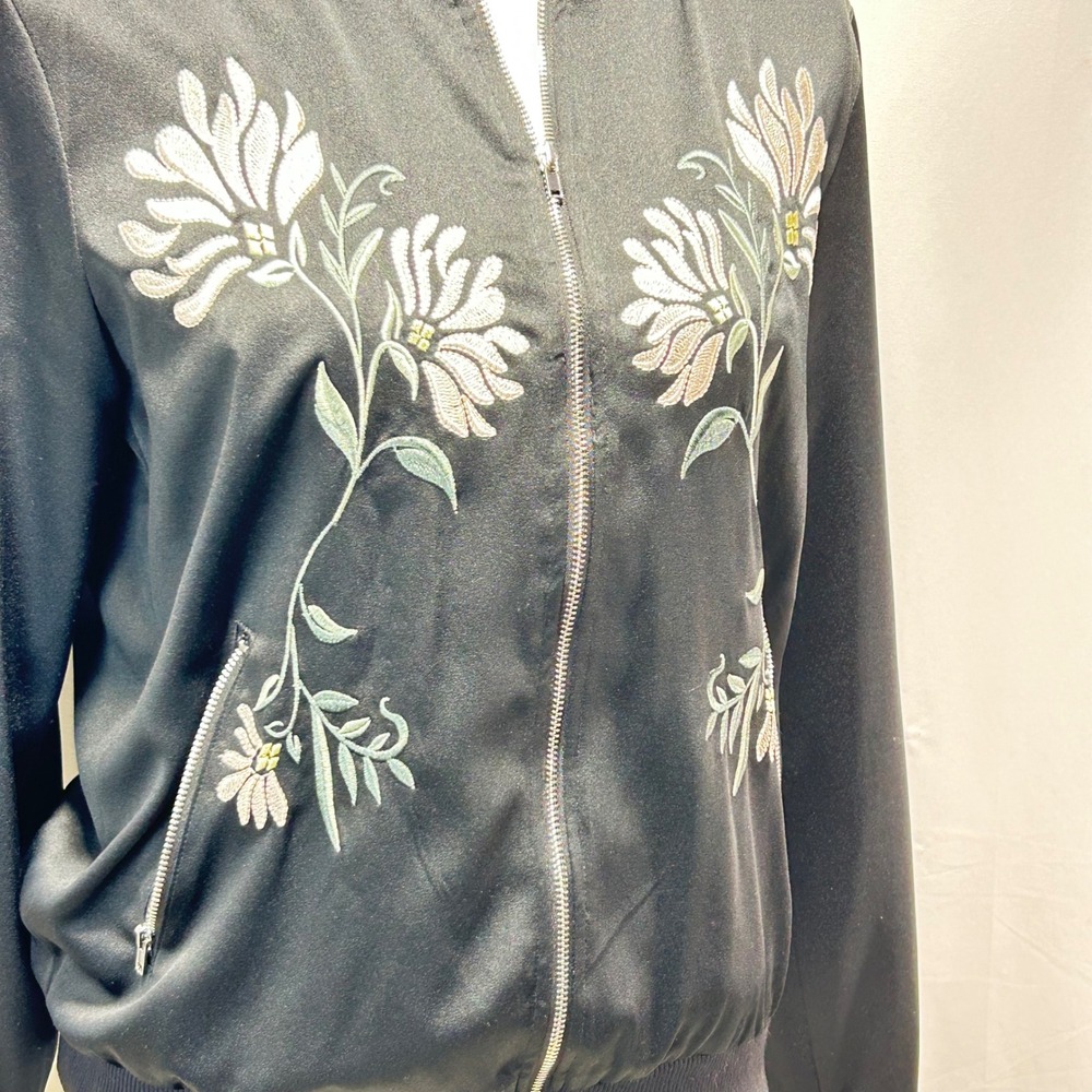 Honey Bella Black Embroidered Floral Bomber Jacket Womens Size S - Picture 6 of 10
